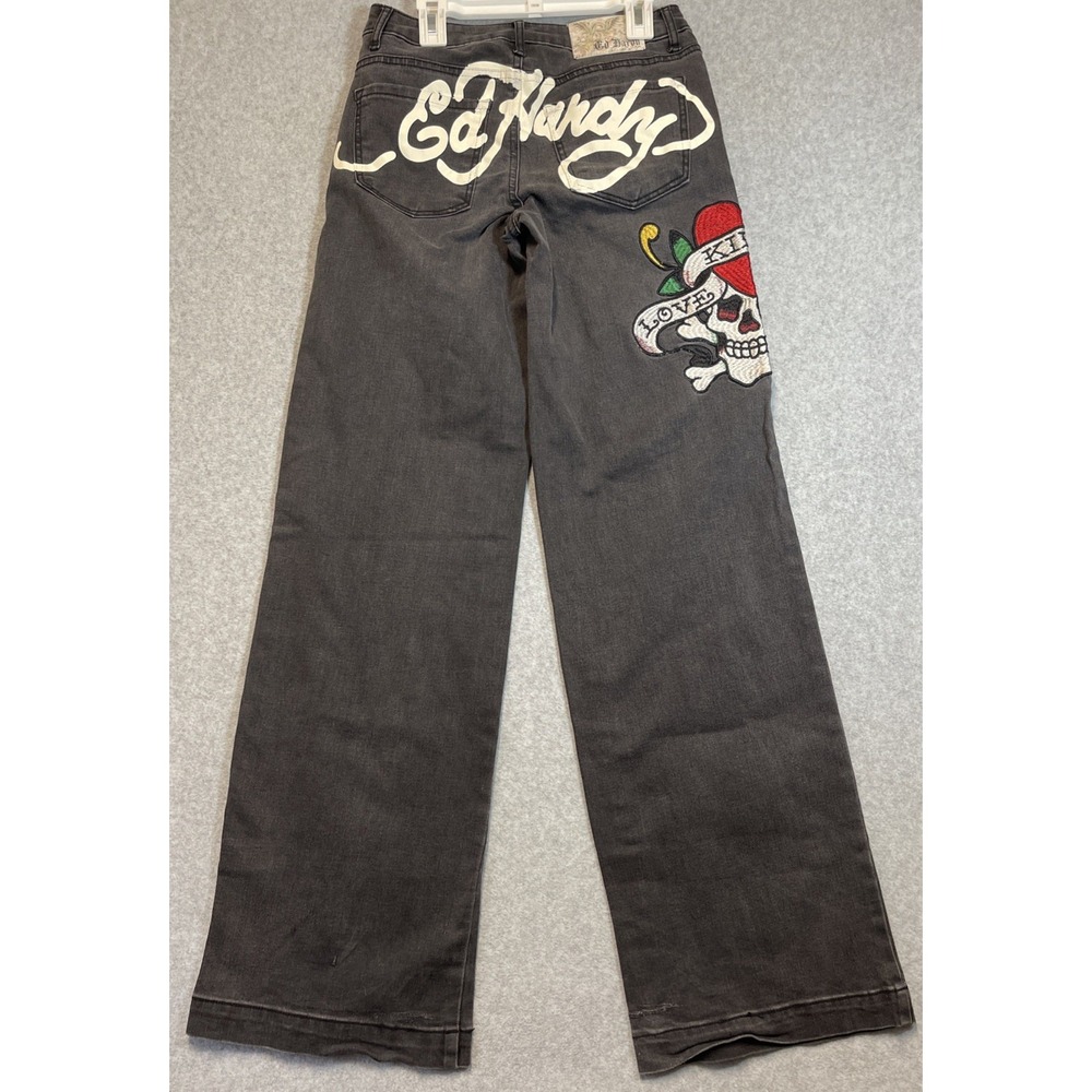 Ed Hardy Women's Black Denim Wide Leg Jeans Embroidered Love Kills Slowly  Sz 24